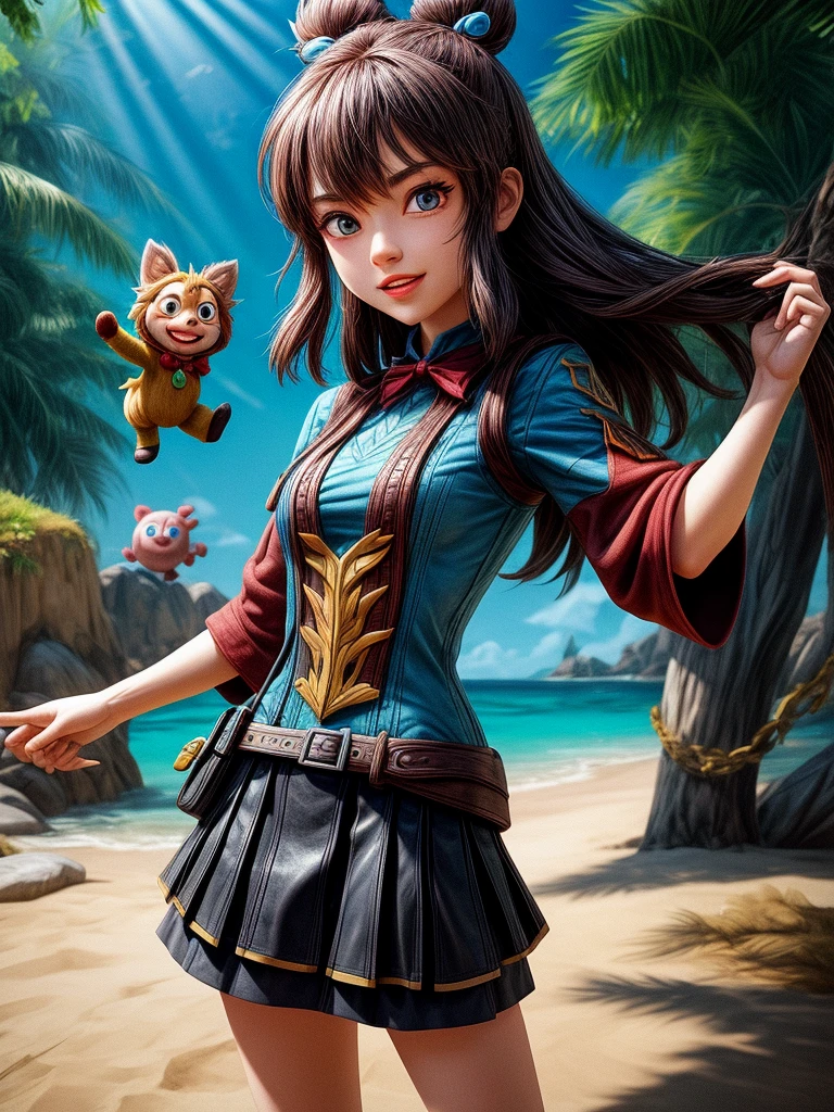 Stylized, Animated Characters, Maybe it&#39;s from a video game or fantasy-themed artwork. This character is a woman with long black hair, Wearing blue and gold armor or clothing with a fantasy or mythological aesthetic. She wears a blue gemstone，Wearing necklaces and earrings. The character holds a blue flower in his hand，Surrounded by blue flowers and butterflies, This adds to the magical and tranquil atmosphere of the image.. The background is light blue，With a hint of starry sky, Enhanced fantasy theme.