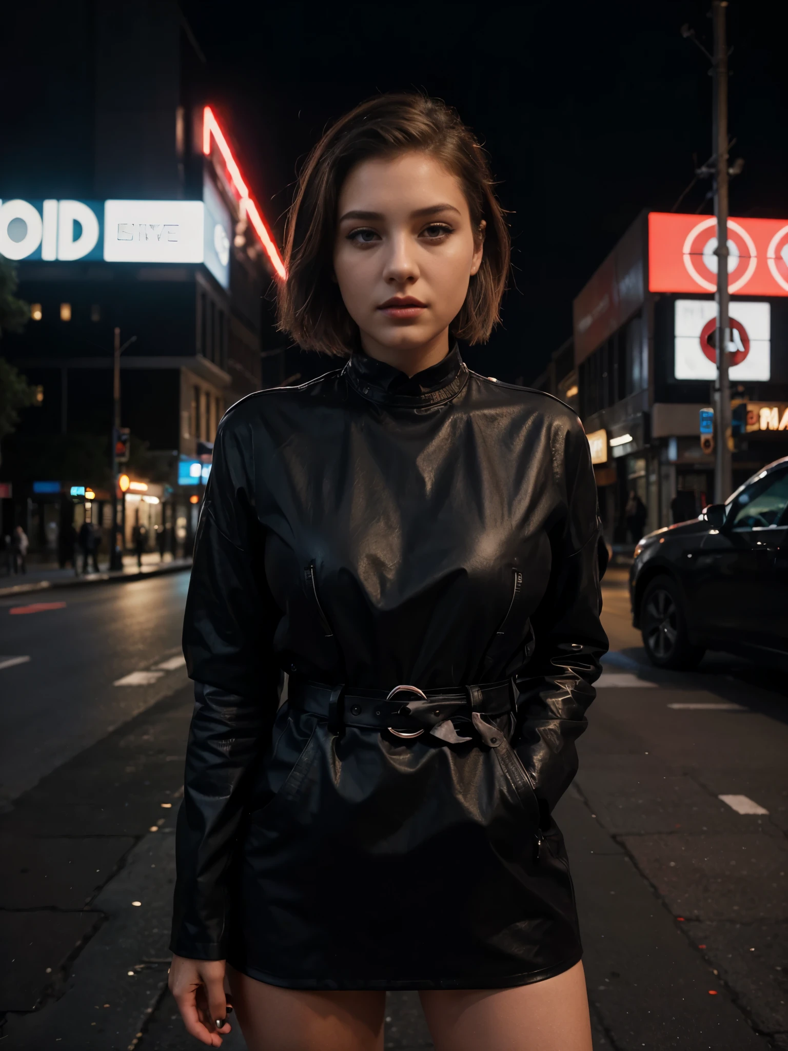 A photorealistic FHD portrait of a 21-year-old french girl like adele Exarchopoulos. She stands confidently in the middle of a bustling urban street at night. She's dressed in a sleek black leather jacket over a form-fitting crimson dress, exuding a rock-chic vibe. Her hair is styled in a short, edgy pixie cut, dyed jet black with a bold streak of silver. Her makeup is dramatic, with dark eyeliner and deep red lipstick, highlighting her fierce expression. The city lights behind her are a blur of colors, creating a dynamic backdrop as cars and people pass by. She stands tall, one hand in her pocket and the other holding a cigarette, her eyes gazing directly into the camera with a cool, mysterious allure. The scene captures a moment of raw energy and modern style, set against the vibrant nightlife of the city.