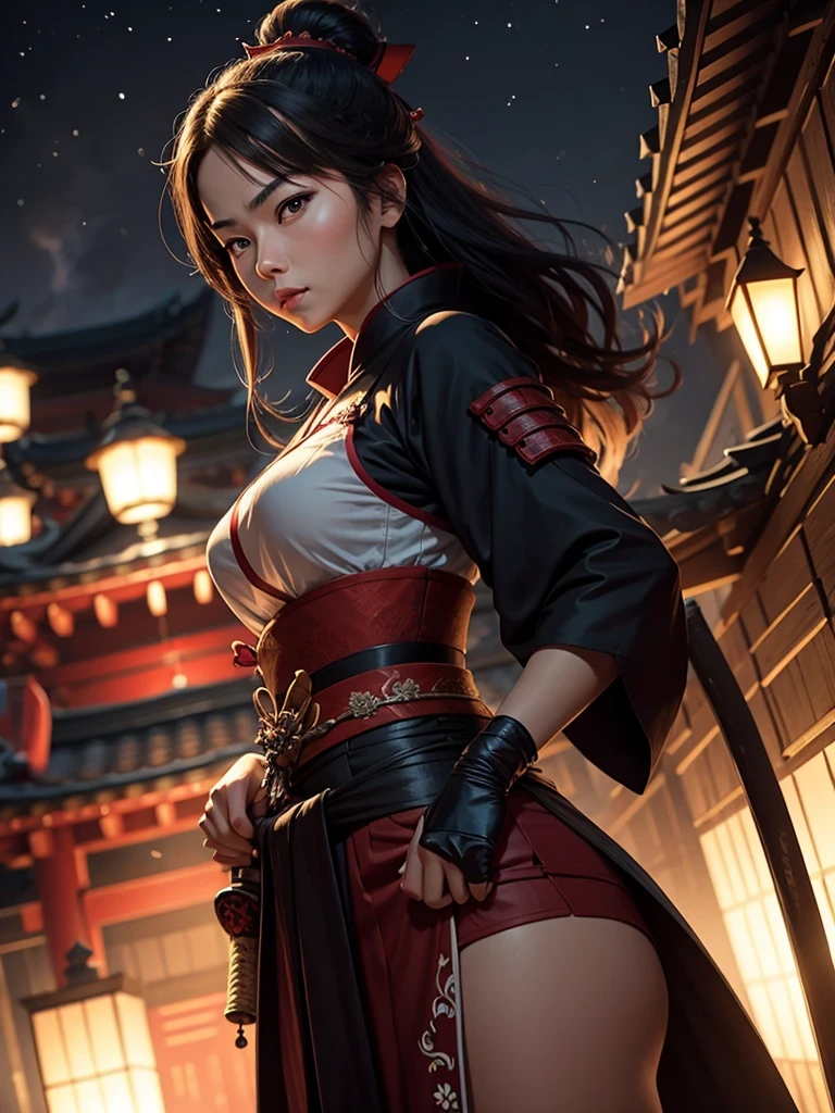 "Samurai woman with a long katana, set at night with a shrine in the background."Eyes are slightly droopy, glowing red with residual light."
