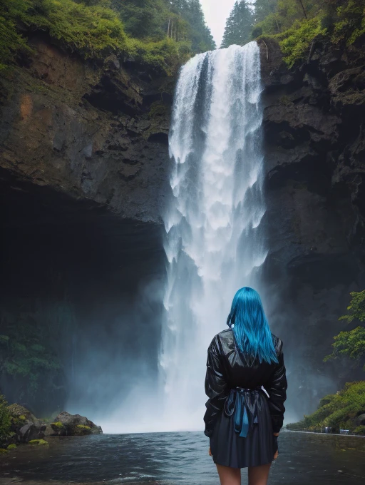 Arafed woman with blue hair and black jacket posing in front of a waterfall., next to a waterfall, waterfalls in the background, standing near a waterfall, waterfall in the background, with waterfalls, Amazing beauty, alena aenami and android jones, Amazing beauty, standing in front of a waterfall, with waterfalls, photo from behind