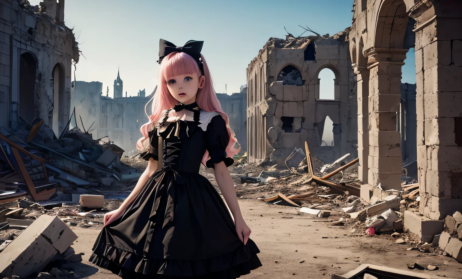 masterpiece, best quality, high quality, Very delicate, Very clear, ((skull face)), not a girl, slull face in ta fashion, Pale baby Pink Loliashion, Big ribbon on head, gothic, Standing in ruins, Scary Taste, unkempt pink long hair, No skulls fell around, Ruins of a destroyed castle, Dark Background, Catastrophic Background