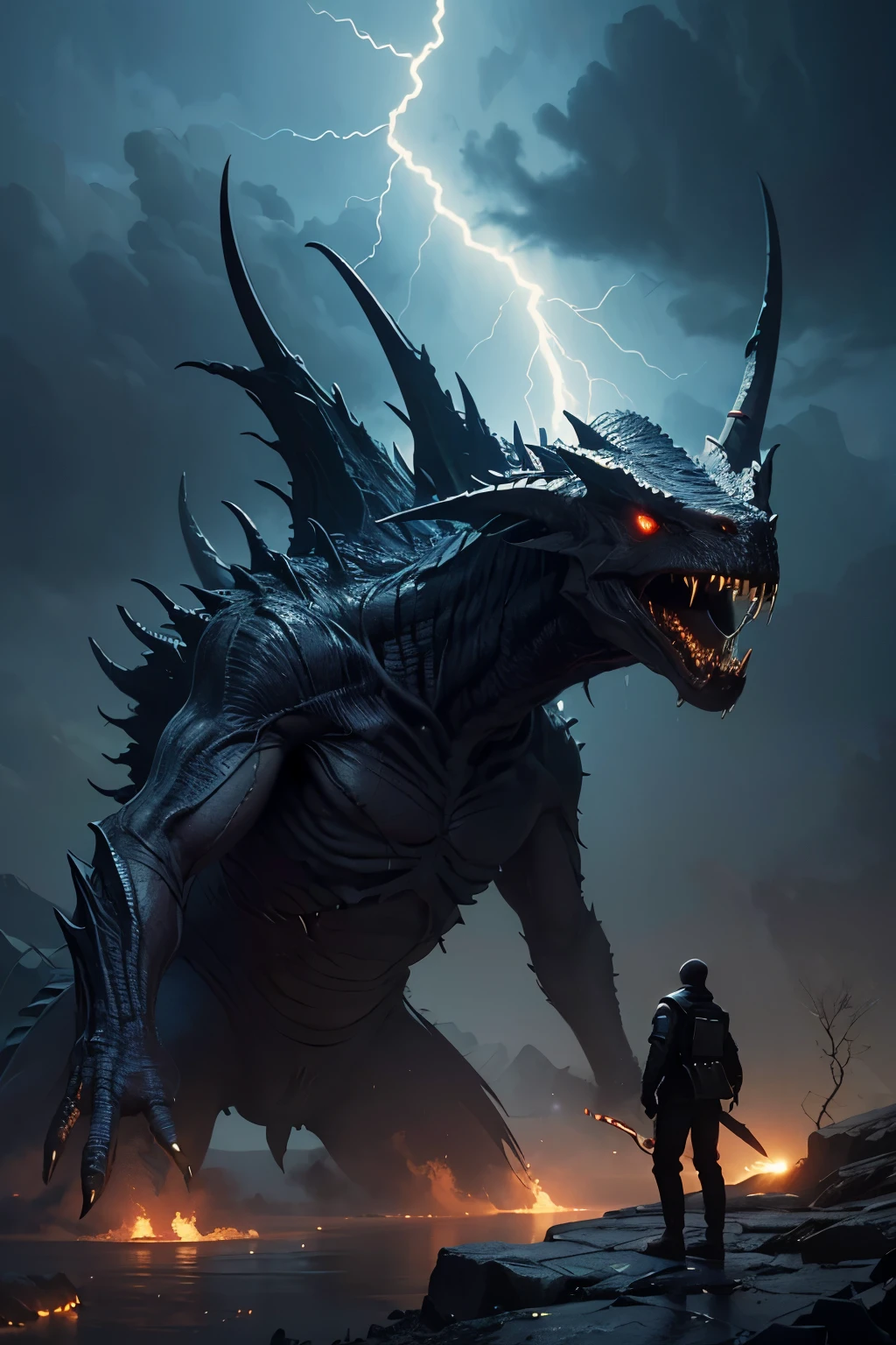 A very detailed painting, Dark world, Depicts a man have a weapon on a hill gazing at a giant alien monster lightning rain breath, author:Shinkai Makoto, By Art Jem, From Wlop, author:Greg Rutkowski, Volumetric Lighting, Octane Rendering, 4K resolution, Popular on artstation, masterpiece ,flame magic