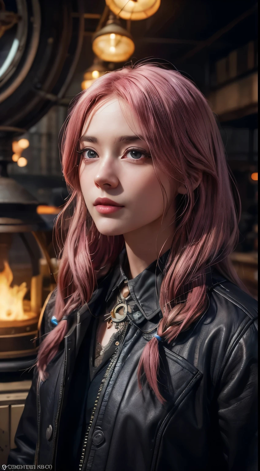 steampunk, Inventor working in a time machine, female, pink long hair, very detailed face, very detailed eyes, 8k, Appearing in front of the camera, reduction