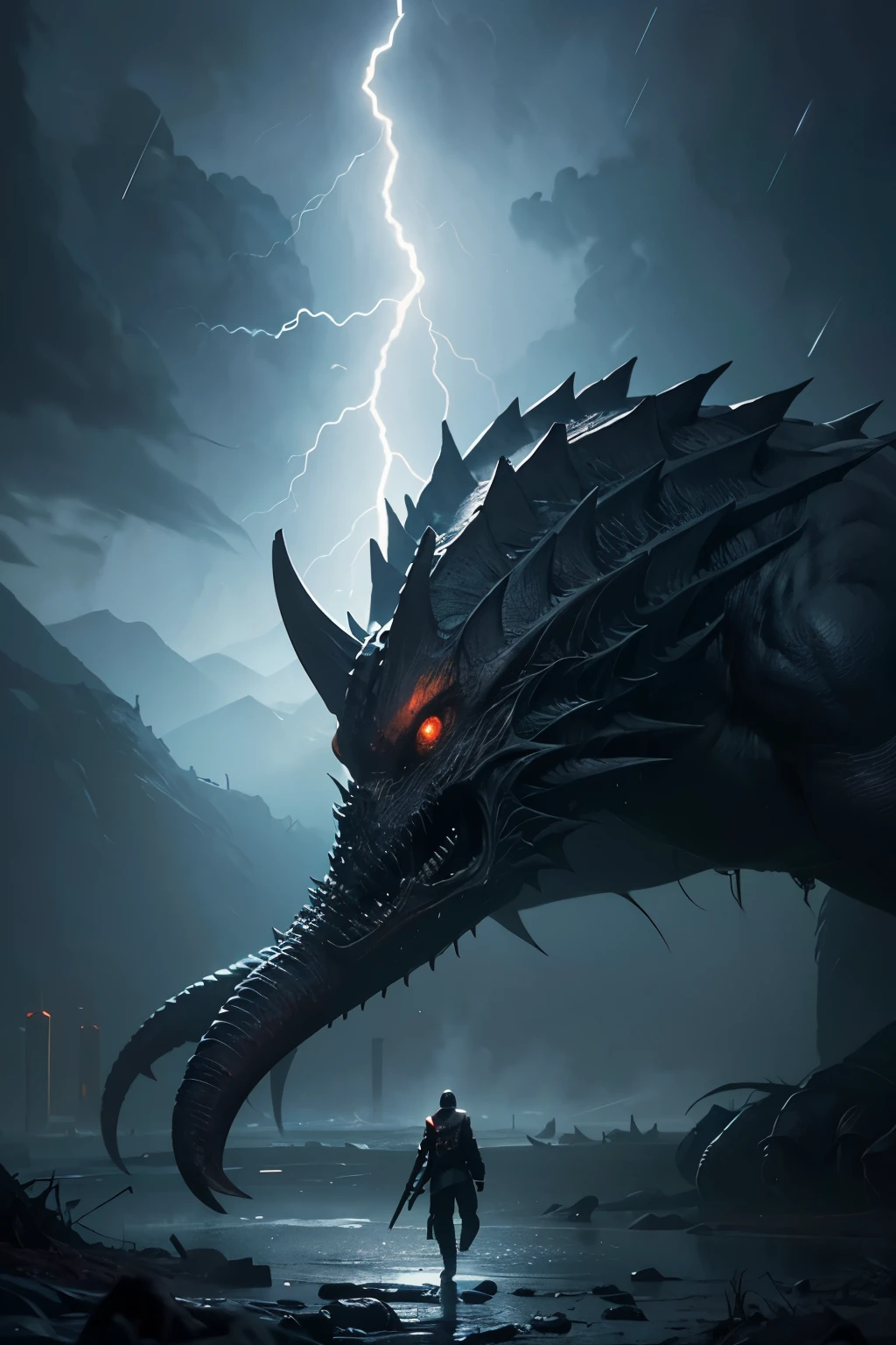 A very detailed painting, Dark world, Depicts a man have a weapon on a hill gazing at a giant alien monster lightning rain breath, author:Shinkai Makoto, By Art Jem, From Wlop, author:Greg Rutkowski, Volumetric Lighting, Octane Rendering, 4K resolution, Popular on artstation, masterpiece ,flame magic