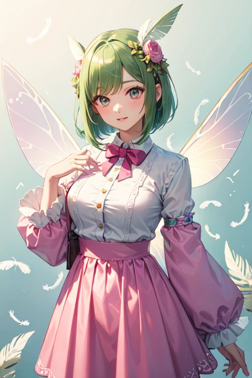 ((Highest quality)), ((masterpiece)), (detailed), One fairy girl, Her hair is a short green bob.　Eyes are pink　breasts are slightly smaller　The outfit is a pink long-sleeved shirt and a midi-length pink skirt.　The feathers are pale white