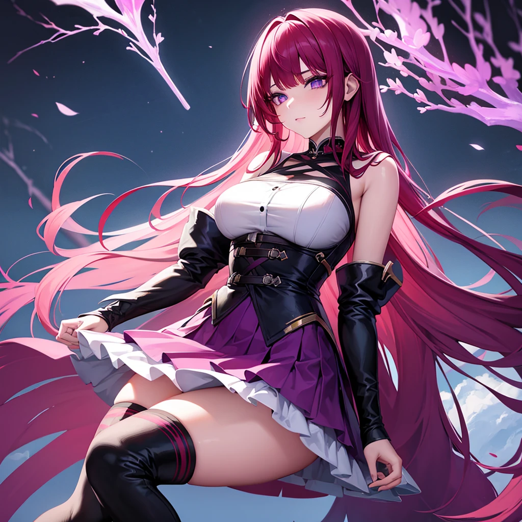 1girl, beautiful detailed eyes, purple eyes , Long red hair, Fair white skin, purple skirt, black boots