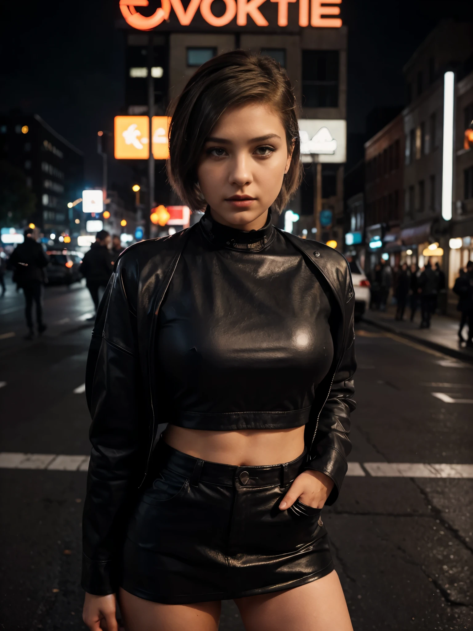 A photorealistic FHD portrait of a 21-year-old french girl like adele Exarchopoulos. She stands confidently in the middle of a bustling urban street at night. She's dressed in a sleek black leather jacket over a form-fitting crimson dress, exuding a rock-chic vibe. Her hair is styled in a short, edgy pixie cut, dyed jet black with a bold streak of silver. Her makeup is dramatic, with dark eyeliner and deep red lipstick, highlighting her fierce expression. The city lights behind her are a blur of colors, creating a dynamic backdrop as cars and people pass by. She stands tall, one hand in her pocket and the other holding a cigarette, her eyes gazing directly into the camera with a cool, mysterious allure. The scene captures a moment of raw energy and modern style, set against the vibrant nightlife of the city.