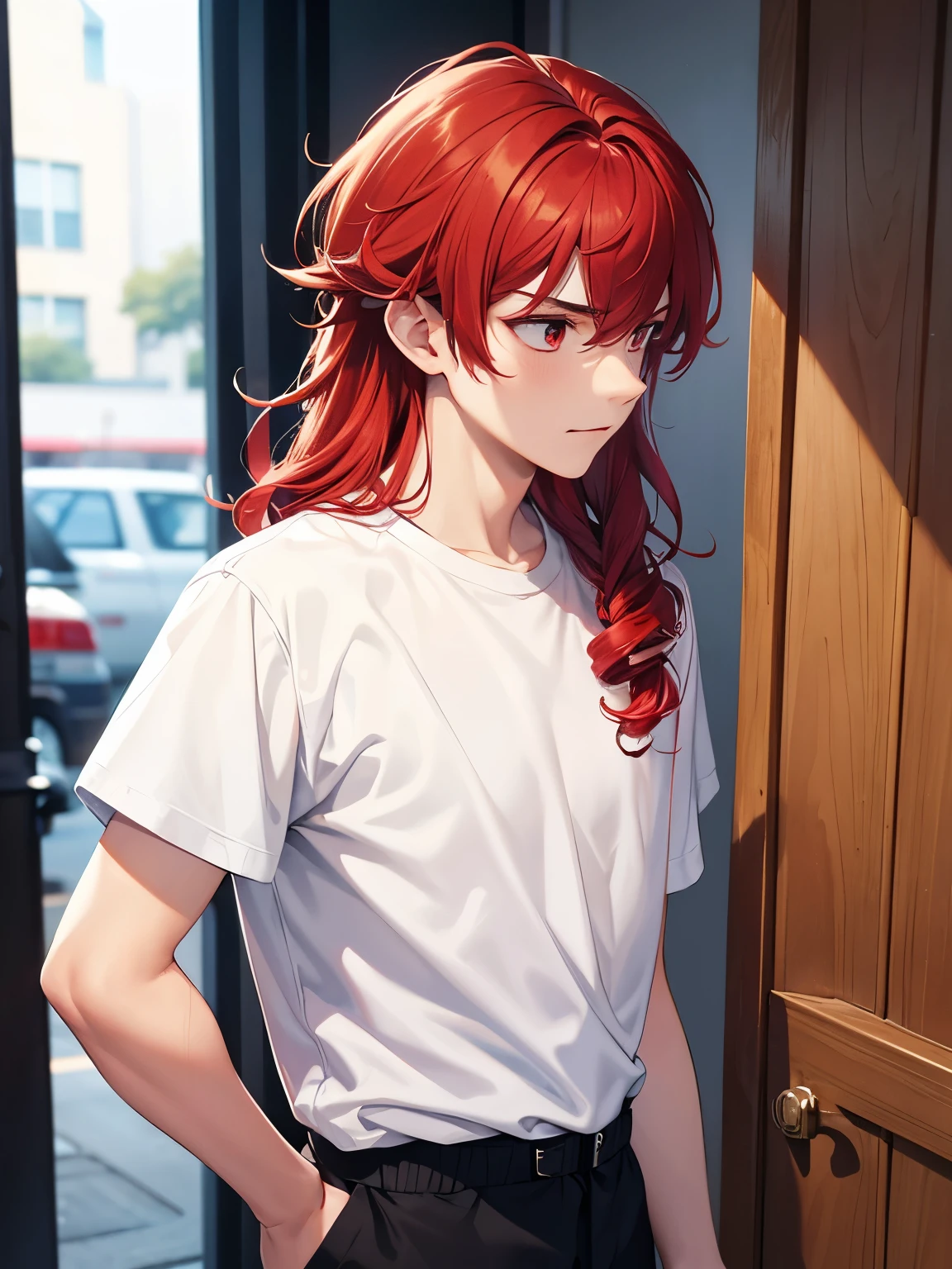 1boy,18 years old,Punched, annoyed expression,facing right, camera angle from the side, photo from the side, looking away,looking away ,cool,middle parted hairstyle,Curly hair, red hair, red eyes, long hair, vampire, handsome,,half hody photo, close up photo,White t-shirt,Short sleeve t-shirt,,black trousers
