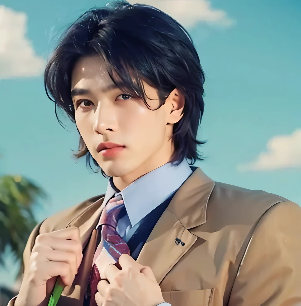 Blue Hair　Light blue eyes　Navy blue tie　Blue Shirt　Brown jacket