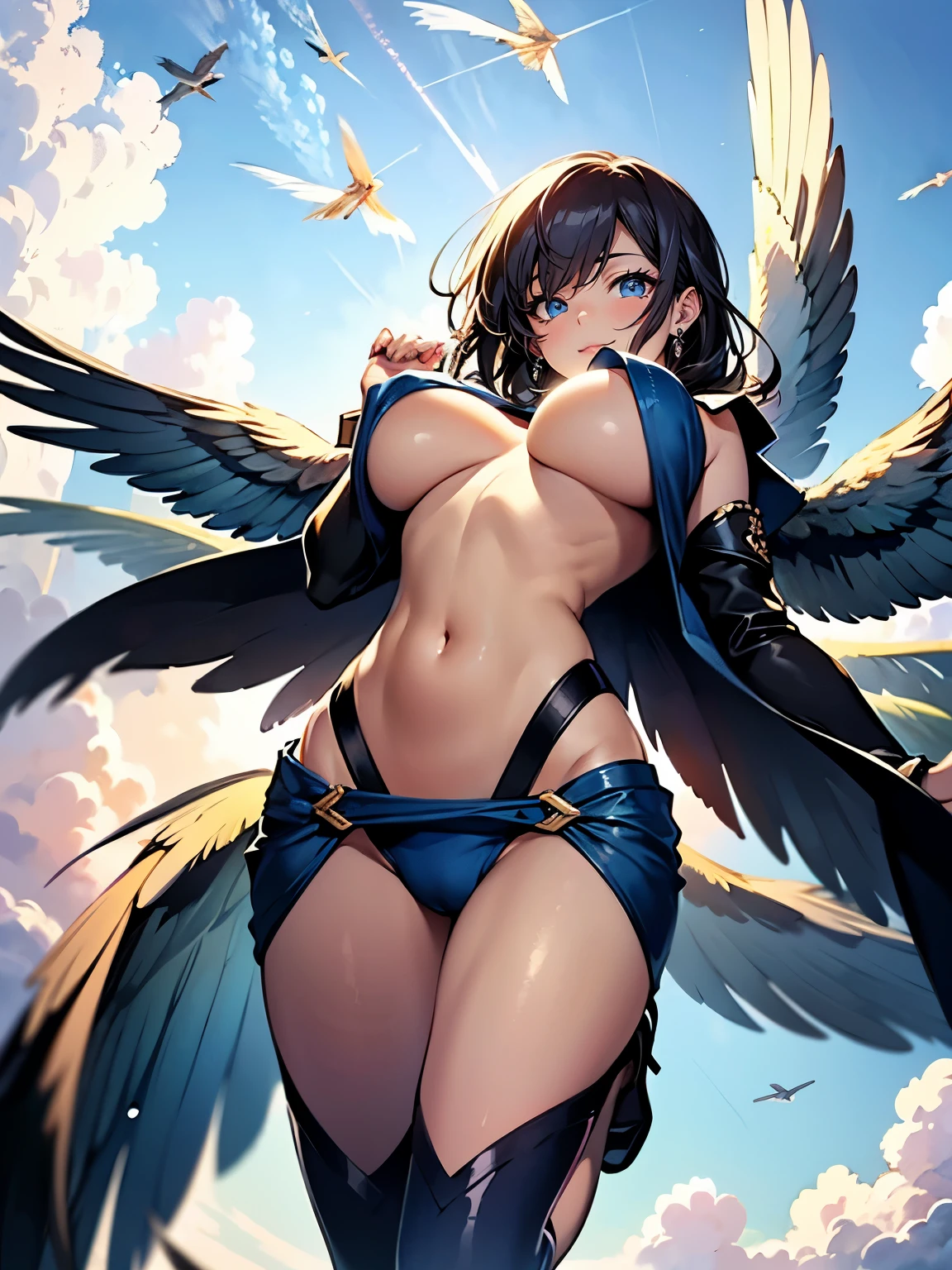 ((Seductive lady:1.3, solo:1.2))、((fusion of Harpy and lady))、((Winged On the back:1.4))、((feathers clothes:1.2))、((dynamic angle:1.5))、((Soaring in the sky:2))、((blue sky background:1.5))、((full body))、looking down at viewer、((underboob:1.3))、((Glossy realistic skin texture))、((shiny skin))、perfect anatomy、masterpiece, ultra-detailliert, 8k, hiquality, Top image quality, Smooth texture、watercolor