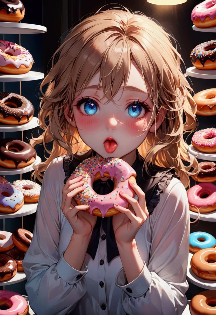 1girl, Eating Donuts, a girl eating delicious donuts, detailed face, beautiful blue eyes, cute expression, mouth open, long eyelashes, messy hair, detailed skin texture, colorful sprinkled donuts, detailed pastry, warm lighting, 8k, highly detailed, masterpiece, best quality, very aesthetic, absurdres