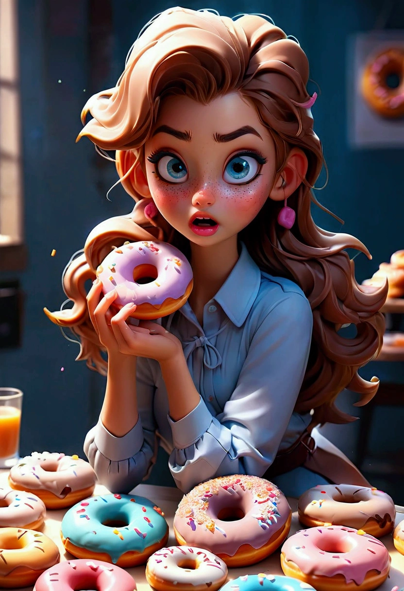 1girl, Eating Donuts, a girl eating delicious donuts, detailed face, beautiful blue eyes, cute expression, mouth open, long eyelashes, messy hair, detailed skin texture, colorful sprinkled donuts, detailed pastry, warm lighting, 8k, highly detailed, masterpiece, best quality, very aesthetic, absurdres