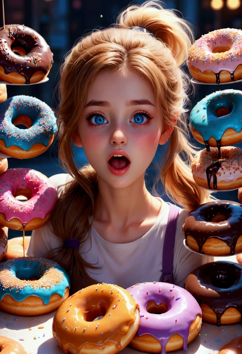 1girl, Eating Donuts, a girl eating delicious donuts, detailed face, beautiful blue eyes, cute expression, mouth open, long eyelashes, messy hair, detailed skin texture, colorful sprinkled donuts, detailed pastry, warm lighting, 8k, highly detailed, masterpiece, best quality, very aesthetic, absurdres