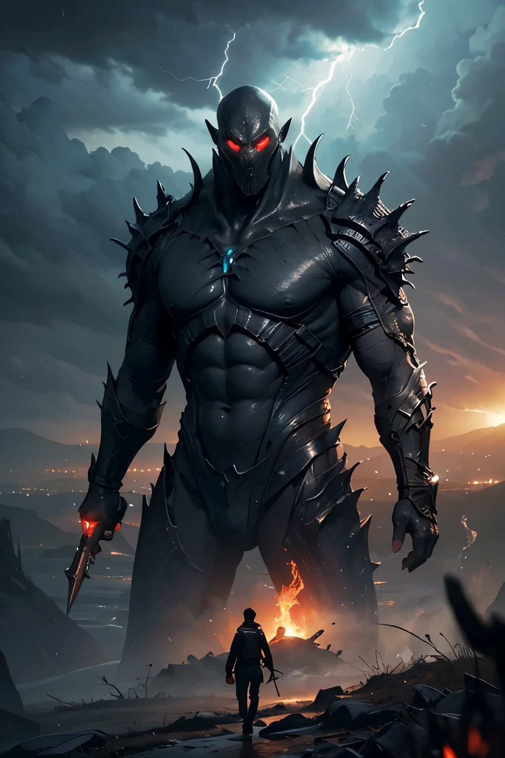 A very detailed painting， Dark world, Depicts a man　have a weapon on a hill gazing at a giant alien monster lightning rain breath, author：Shinkai Makoto, By Art Jem, From Wlop, author：Greg Rutkowski, Volumetric Lighting, Octane Rendering, 4K resolution, Popular on artstation, masterpiece ,flame magic