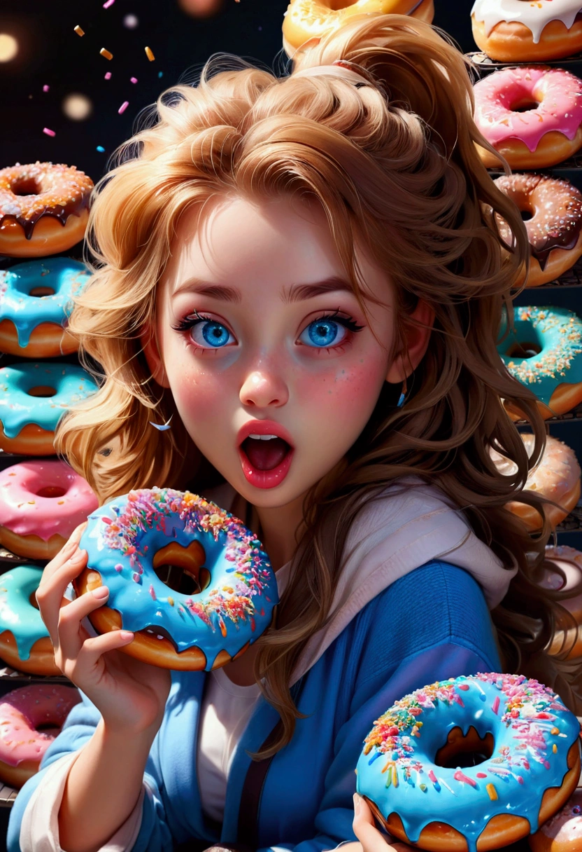 1girl, Eating Donuts, a girl eating delicious donuts, detailed face, beautiful blue eyes, cute expression, mouth open, long eyelashes, messy hair, detailed skin texture, colorful sprinkled donuts, detailed pastry, warm lighting, 8k, highly detailed, masterpiece, best quality, very aesthetic, absurdres