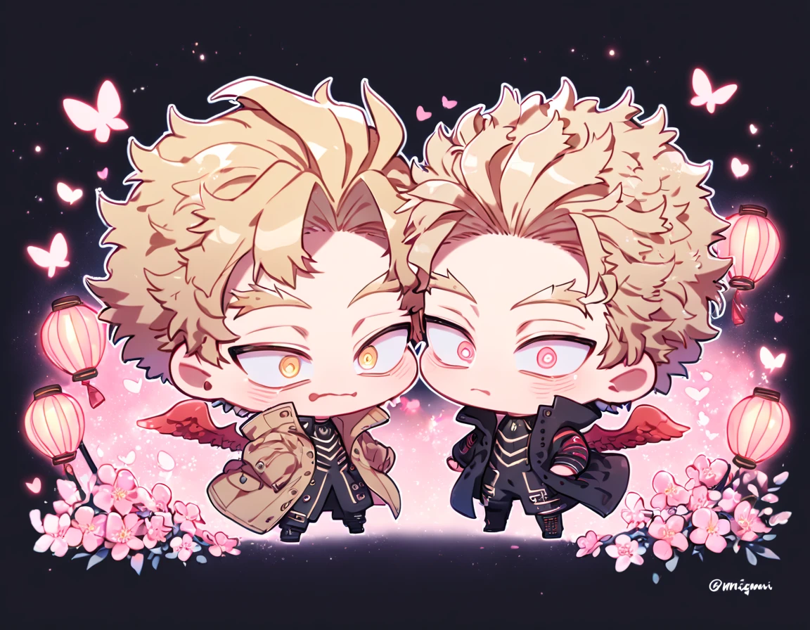 absurd resolution, high resolution, ultra detailed, detailed eyes, delicated features, extremely detailed, HDR, 8K, Hawks chibi, ash-blonde hair, expressive golden eyes, Boku No Hero Academia, Megumi chibi, black hair, messy hair, expressive red eyes, two boys together, yaoi, gay couple, cute, brown coat with fur, black coat, red wings, fantasy, cool, magical, pink glittering butterflies, pink dust flying around, pink flowers, pink petals, pink lanterns, pink blossoms