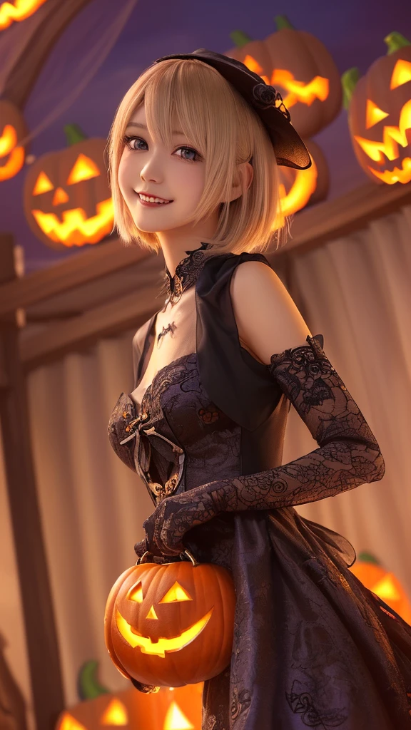 ((from below,upper body),a 20 years old girl, detailed cutie face, beautiful detailed eyes, detailed dropped eyes, beautiful charming smile, extremely detailed face,slender,short hair,anime style, halloween costume:2.0), Hires.fix,colorful lights, pumpkin decorations, haunted house, best quality, 4k, highres, masterpiece, realistic, photorealistic, photo-realistic, vivid colors, intricate details, fantasy, soft lighting, magical