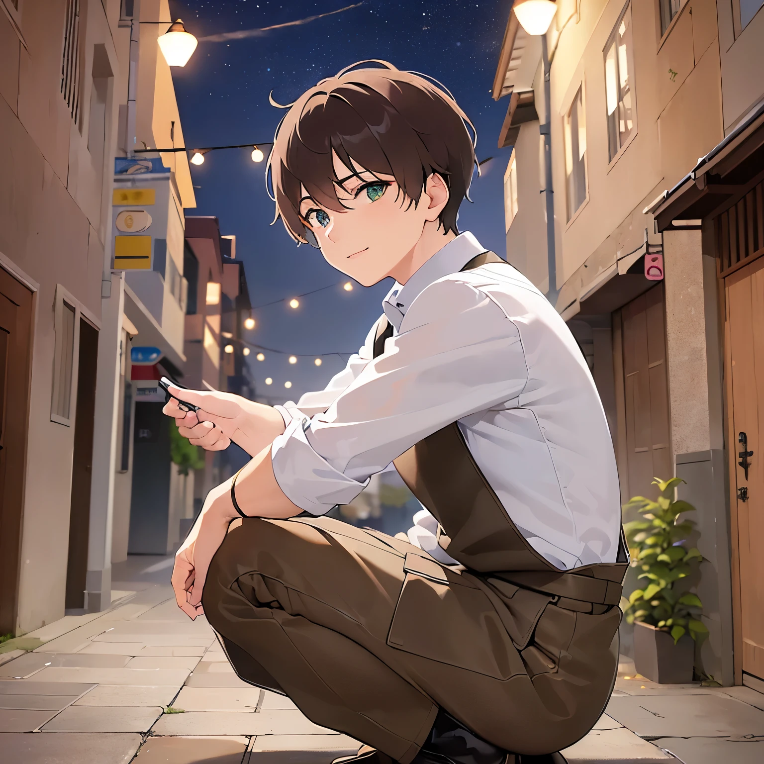 ,BREAK (25-year-old male:1.5) and (Mahogany brown short hair) and (Green Eyes)
BREAK (white collared shirt) 、apron、(looking away:1.5),squatting,head tilt,
masterpiece、Highest quality、
smile,(The background is a back alley at night:1.5)、alone(Night Sky:1.5)