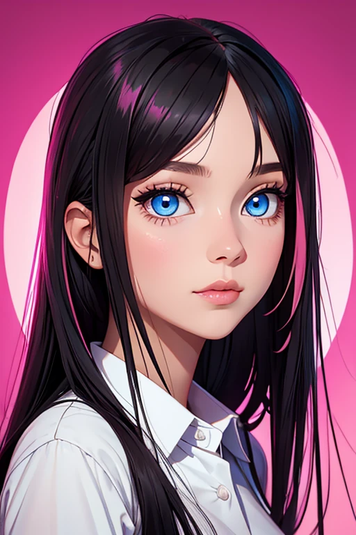 a beautiful young woman, long black hair and pink highlights, blue eyes.

