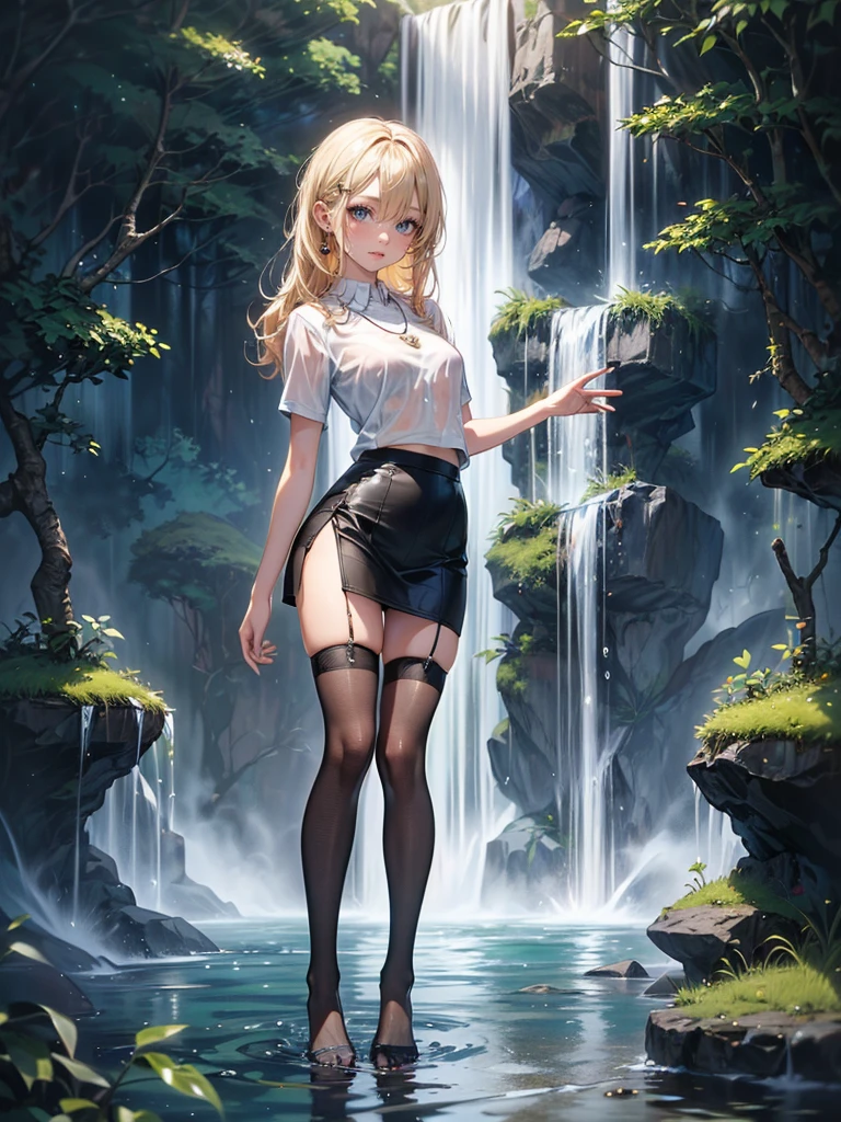 ((Biologically correct limb count)),(( From head to toe,Full-body photo including face)),4K,((Standing position)),masterpiece,((Focus on the face)),((Symmetrical facial features)),Eyes with detailed description,Beautiful woman,Great style,Beautiful arms,Beautiful legs,Beautiful Hands,(Small Ass,Thin thighs,(Black Stockings)),Detailed depiction of the face,Small earrings,necklace,(uniform、Black Long Pencil Skirt,((evening,Kneel、waterfall、Dancing in the water、splashes rise)),((Blonde)),Focus on the face,Dripping Water,The mist creates a fantastic atmosphere,(See-through clothing)