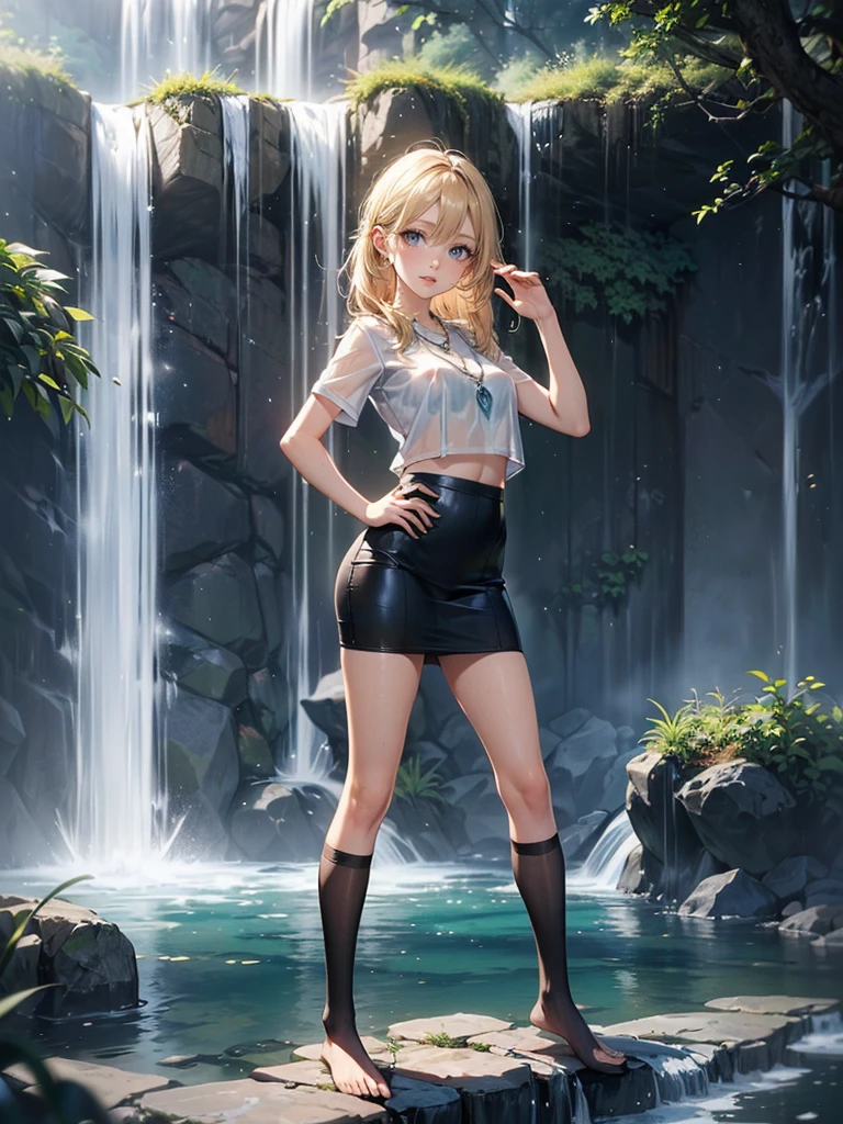 ((Biologically correct limb count)),(( From head to toe,Full-body photo including face)),4K,((Standing position)),masterpiece,((Focus on the face)),((Symmetrical facial features)),Eyes with detailed description,Beautiful woman,Great style,Beautiful arms,Beautiful legs,Beautiful Hands,(Small Ass,Thin thighs,(Black Stockings)),Detailed depiction of the face,Small earrings,necklace,(uniform、Black Long Pencil Skirt,((evening,Kneel、waterfall、Dancing in the water、splashes rise)),((Blonde)),Focus on the face,Dripping Water,The mist creates a fantastic atmosphere,(See-through clothing)