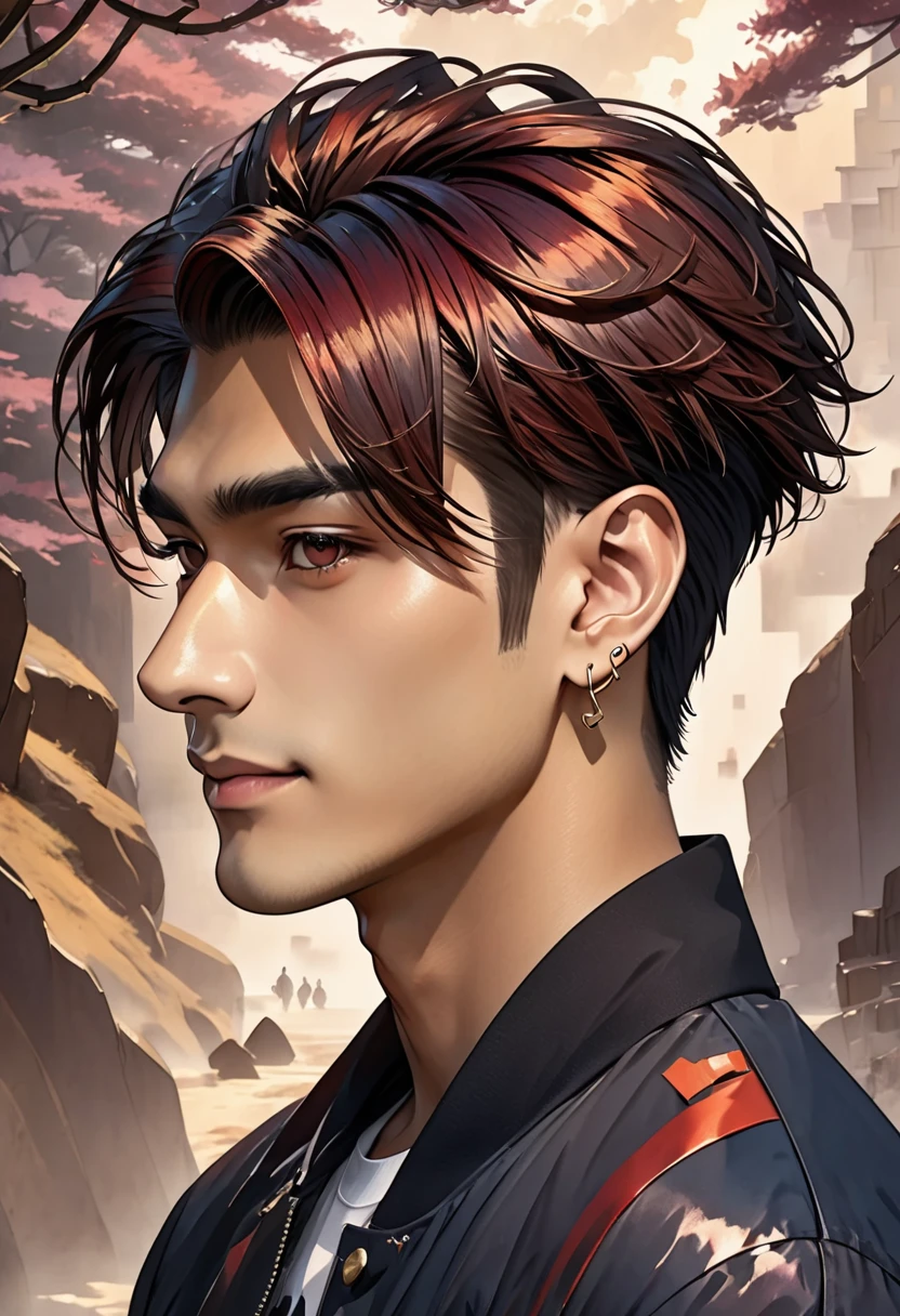 High-resolution square icon, close-up of a cool-looking young adult male face, including the following features:
- Age: 25 years old
- Expression: Confident gaze, with a slightly challenging smile
- Hairstyle: Two-block cut with an up-bangs style, swept back like an undercut
- Sides and back cut short
- Top longer and swept backwards
- Hair color: Dark brown base with subtle highlights (deep red or purple tones)
- Facial features: Sharp jawline, high cheekbones, well-defined nose bridge
- Accessories: Small silver hoop earring in one ear, subtle eyebrow piercing
Background:
- Abstract rock and roll motifs (silhouettes of electric guitars, amplifiers, musical notes)
- Overall subdued color scheme (deep burgundy or navy) with subtle neon accents
Texture:
- Apply fine grunge texture to face and hair (more delicate than sand grain)
- Rough brush strokes and splatter effects in the background
Style:
- Contrasting, mature color palette
- Combine semi-realistic depiction with stylized edges
- Lighting: Soft light from an upper angle, creating dimensional shadows
Additional notes:
- Balance mature male charm with a rock atmosphere
- Overall composition should be sophisticated and eye-catching
I've translated the prompt into English, maintaining all the key elements and details from the Japanese version. This English prompt can be used with AI art generators that prefer or require English input.
The prompt includes all the specifics you requested:
1. A 25-year-old adult male model
2. Two-block haircut with up-bangs swept back in an undercut style
3. Stylish and rock-inspired elements
4. Colorful yet sophisticated appearance