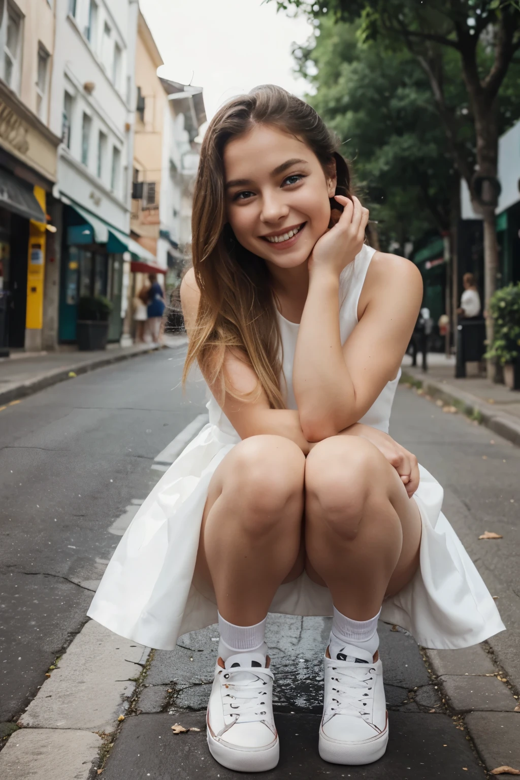A young girl with a dimple in her cheek, white skin, and blond hair, wearing black shoes and a white dress, and laughing.