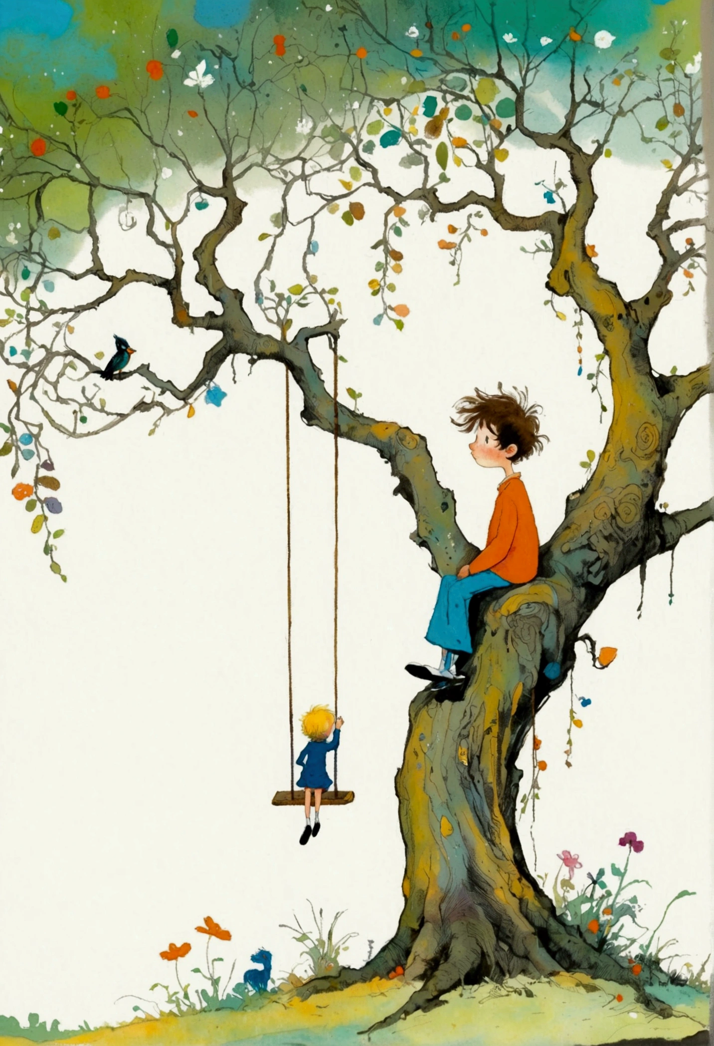 A boy standing in front of a tree,There is a swing on the tree, A painting by Quentin Blake, Pixel, Magical Realism, Lanmac, illustration!, Richard Amsel, Illustration Art, little Prince, style of john blanche, Inspiring Art, Ralph Steadman style, Whimsical Art, The best ever, Ralph Steadman, Mark Davis Artwork,White background