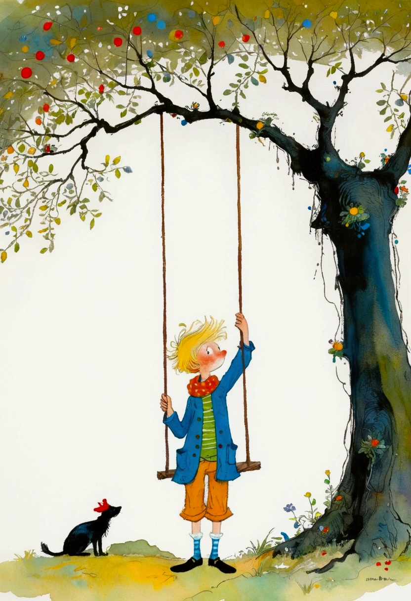 A boy standing in front of a tree,There is a swing on the tree, A painting by Quentin Blake, Pixel, Magical Realism, Lanmac, illustration!, Richard Amsel, Illustration Art, little Prince, style of john blanche, Inspiring Art, Ralph Steadman style, Whimsical Art, The best ever, Ralph Steadman, Mark Davis Artwork,White background