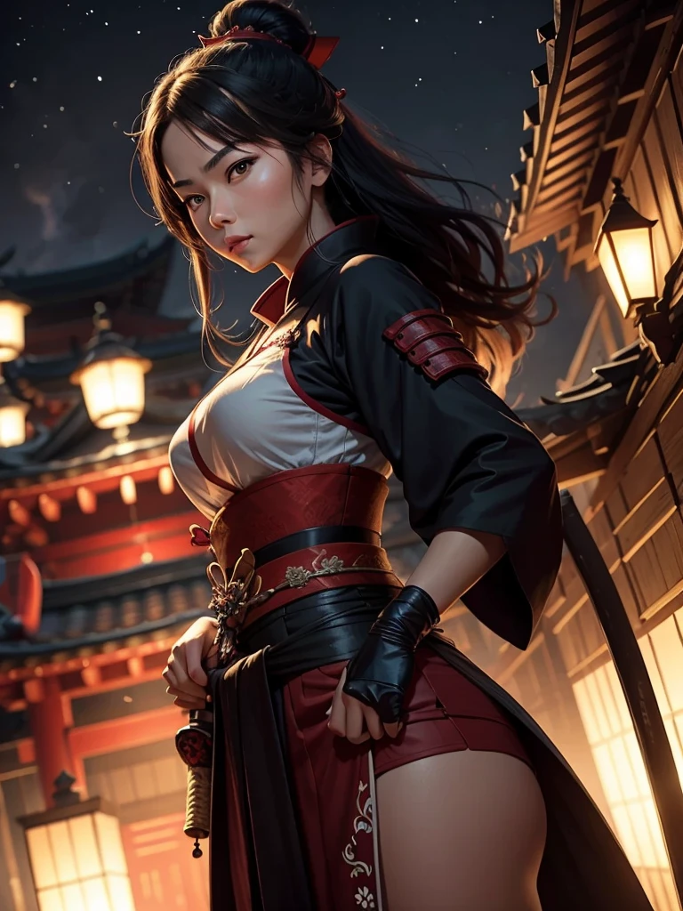 "Samurai woman with a long katana, set at night with a shrine in the background."Eyes are slightly droopy, glowing red with residual light."Samurai woman with a long katana, set at night with a shrine in the background.