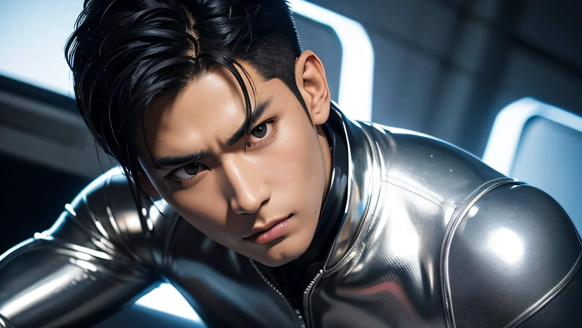 Japanese male handsome model　Black Hair　　Short cut　　G-I-A-CUT　looking at the camera　Shiny full-body silver suit　　　Shiny silver latex suit　　Fierce face　Handsome　　future　Metal Body　　 grim stare　　gaze　Sad expression　Moist eyes　　Face close-up　Close-up of eyes　
