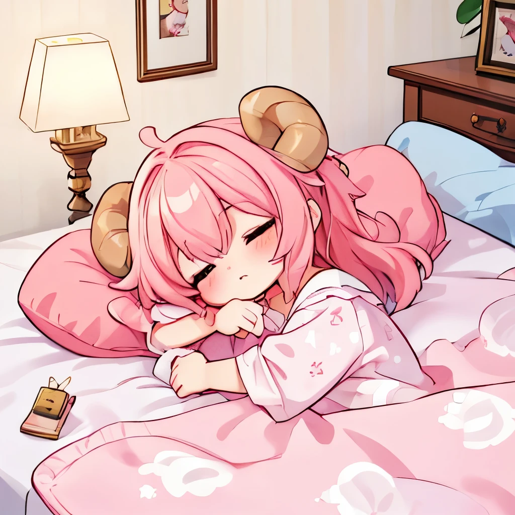An anime-style illustration of ‘Fua-chan’ falling asleep in bed. Fua-chan has distinctive features: long pink hair styled in soft curls resembling sheep’s horns, and pink eyes. She is depicted lying on a futon with cozy blankets, her eyes closed and a peaceful expression on her face as she drifts off to sleep. She is wearing cute pajamas, and her hair is slightly tousled. The background shows a softly lit bedroom with a nightstand, a lamp casting a warm glow, and a few personal items, creating a serene and restful atmosphere as Fua-chan gently falls asleep.