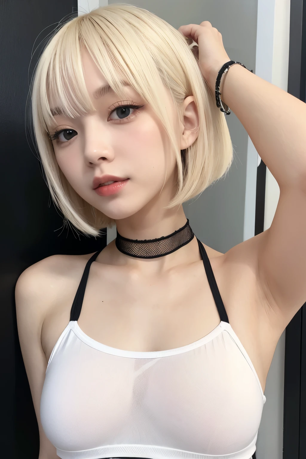 Light blonde, almost white, bob hair with black mesh、Stretched after sex、There's a heart in the eye、Vertical Sweater、Small breasts