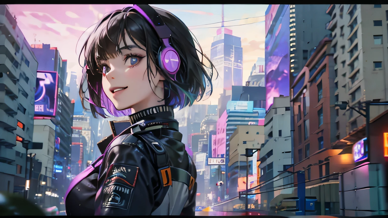 4K masterpiece: 1,5, Highest quality, High resolution, Super-resolution, Ultra-detailed A 25-year-old woman wearing a cyber headset Black hair bob cut The waist is thin Next to the camera profile Three white eyes Cyberpunk Costume The cyberpunk city of the future night Laughing with mouth open Smiling with one side of the lip turned up Face close-up