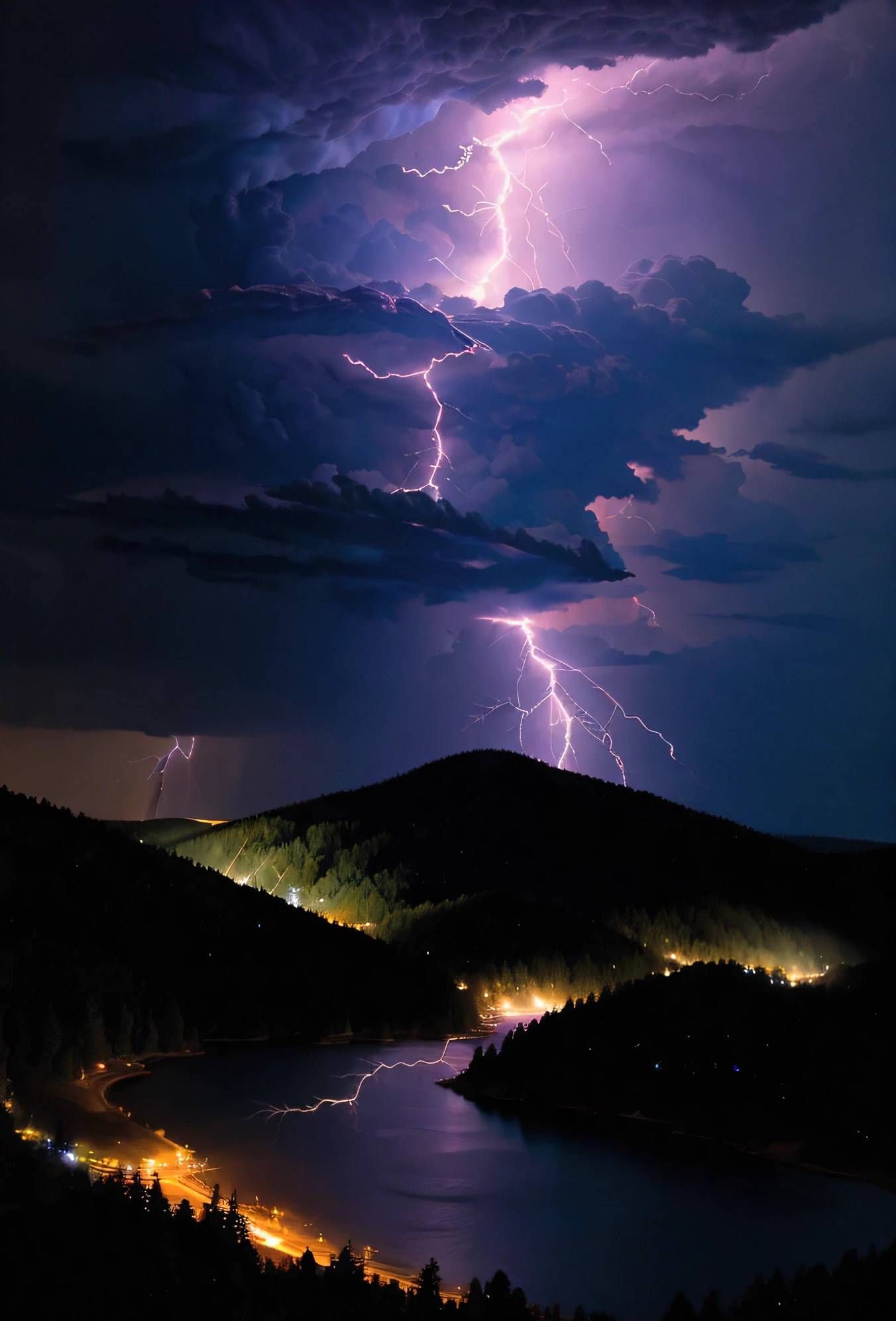 Lightning spreading across the night sky、Thunder、lightning、Raging、High-detail images、Detailed texture
