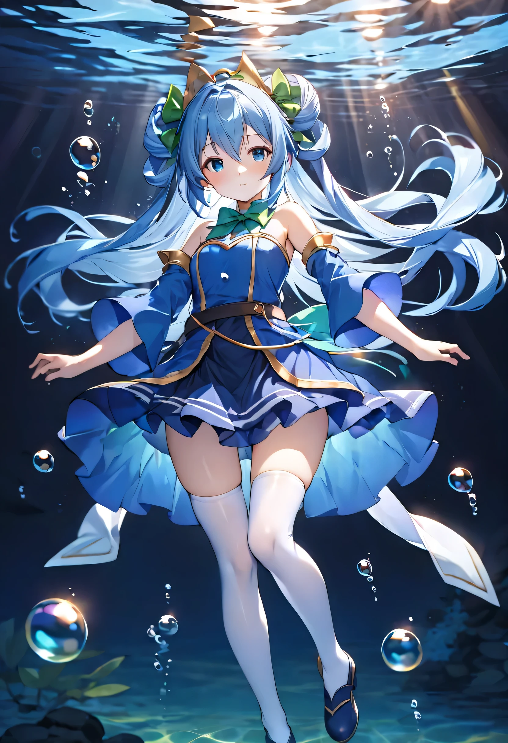 best quality, masterpiece, under water, floating, sunlight, bubbles, full body, 1girl, solo, (petite:1.2), aqua /(konosuba/), long hair, blue eyes, hair ornament, very long hair, blue hair, hair rings, single hair ring,
blue skirt, blue shirt, thighhighs, bare shoulders, detached sleeves, white thighhighs, green bow,blue boots