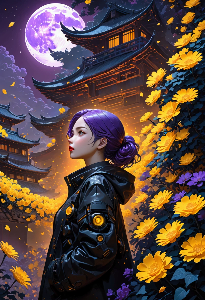 masterpiece, best quality, (非常详细的 CG 统一 8k 壁Paper) (best quality), (Best Illustration), (最佳shadow), beautiful girl, Looking at the audience, Small Breasts, Wearing a rugged jacket, Robotic Arm, (Glowing skin),Red lips, Open your mouth, Cyberpunk Architecture, Extremely exquisite and beautiful, (Floating purple hair), shadow, Relief, Stereogram, Atmospheric perspective, 8K, Super Detail,A moon, Yellow flowers , Paper_cut, , (Mysterious atmosphere), flash:0.8, Light rising from the bottom, A bunch of glowing white particles floating, Many small fires floating,