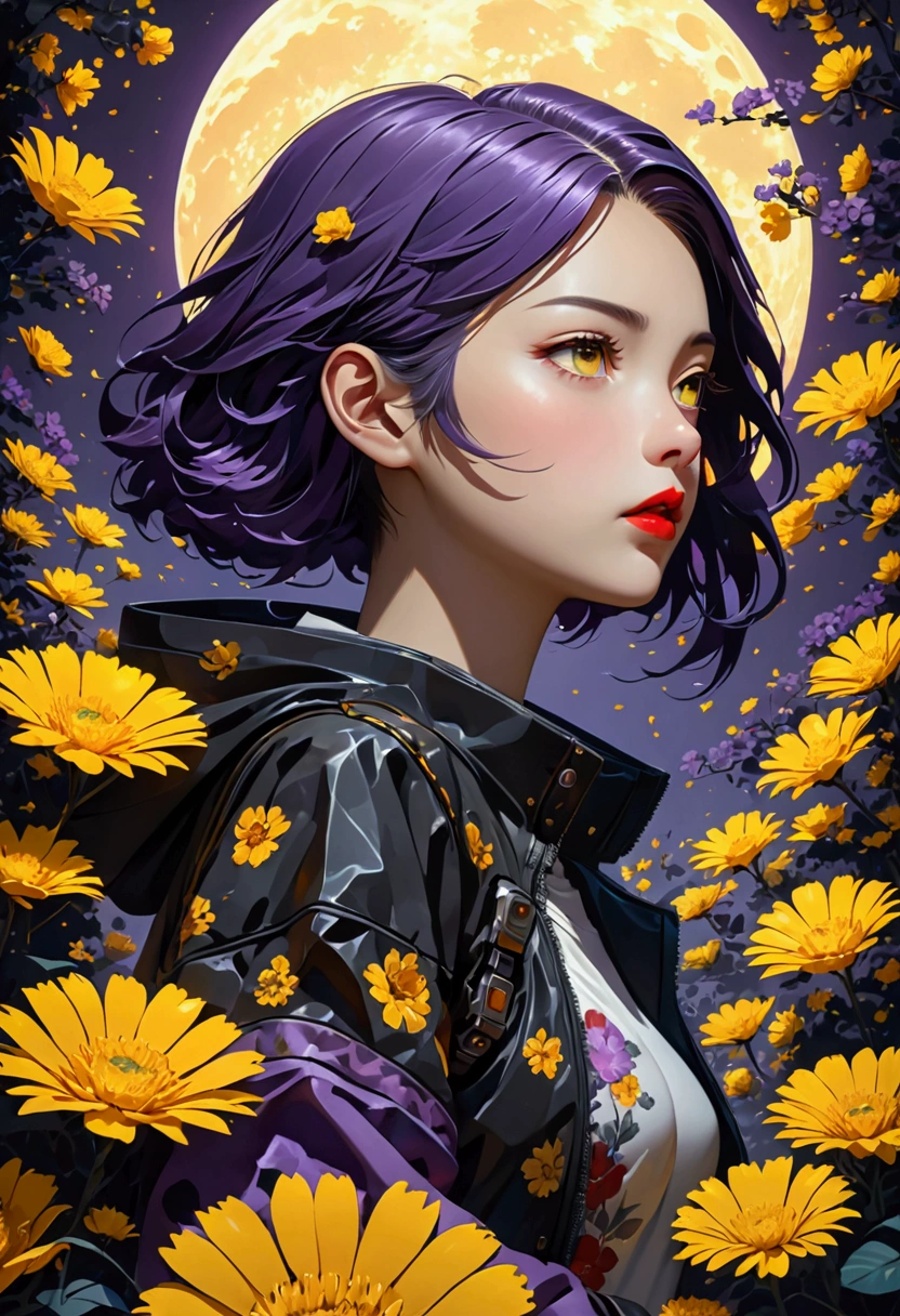 masterpiece, best quality, (非常详细的 CG 统一 8k 壁Paper) (best quality), (Best Illustration), (最佳shadow), beautiful girl, Looking at the audience, Small Breasts, Wearing a rugged jacket, Robotic Arm, (Glowing skin),Red lips, Open your mouth, Cyberpunk Architecture, Extremely exquisite and beautiful, (Floating purple hair), shadow, Relief, Stereogram, Atmospheric perspective, 8K, Super Detail,A moon, Yellow flowers , Paper_cut, , (Mysterious atmosphere), flash:0.8, Light rising from the bottom, A bunch of glowing white particles floating, Many small fires floating,