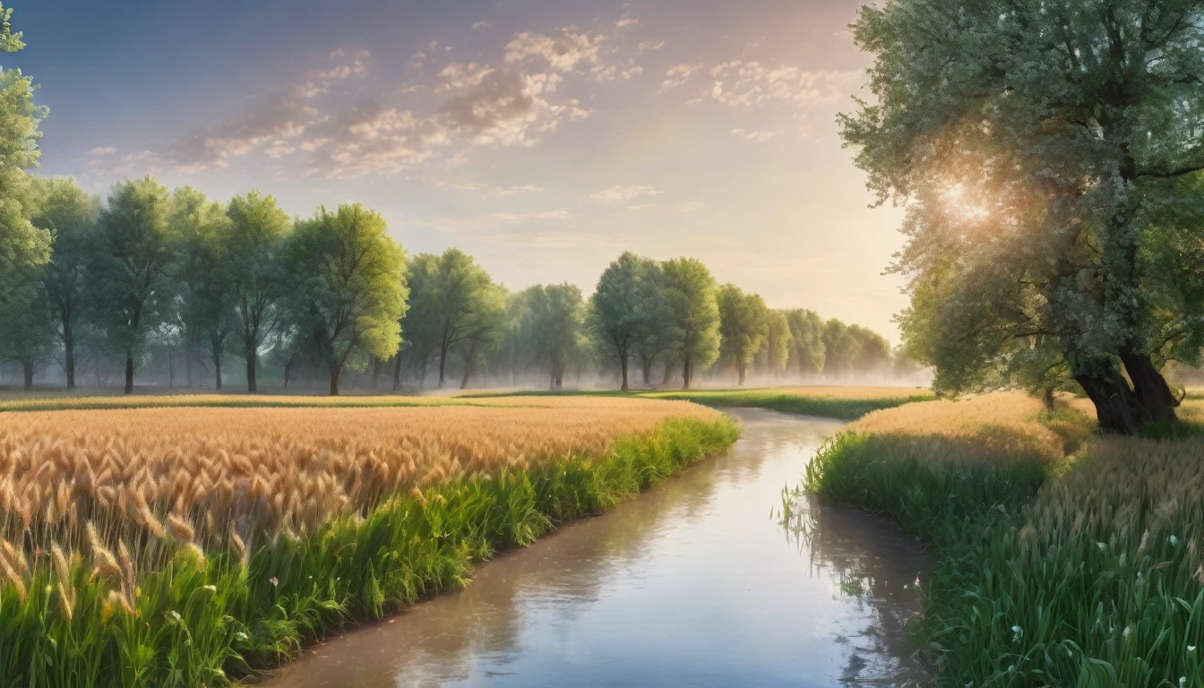 super realism, professional photo for a glossy magazine, beautiful wide panorama. beautiful large wheat field, spring, tall trees, river in the distance, trees blooming, hyperrealism, beautiful, fantasy, botanical, high detail, super realism, beautiful panorama, dawn, 80k