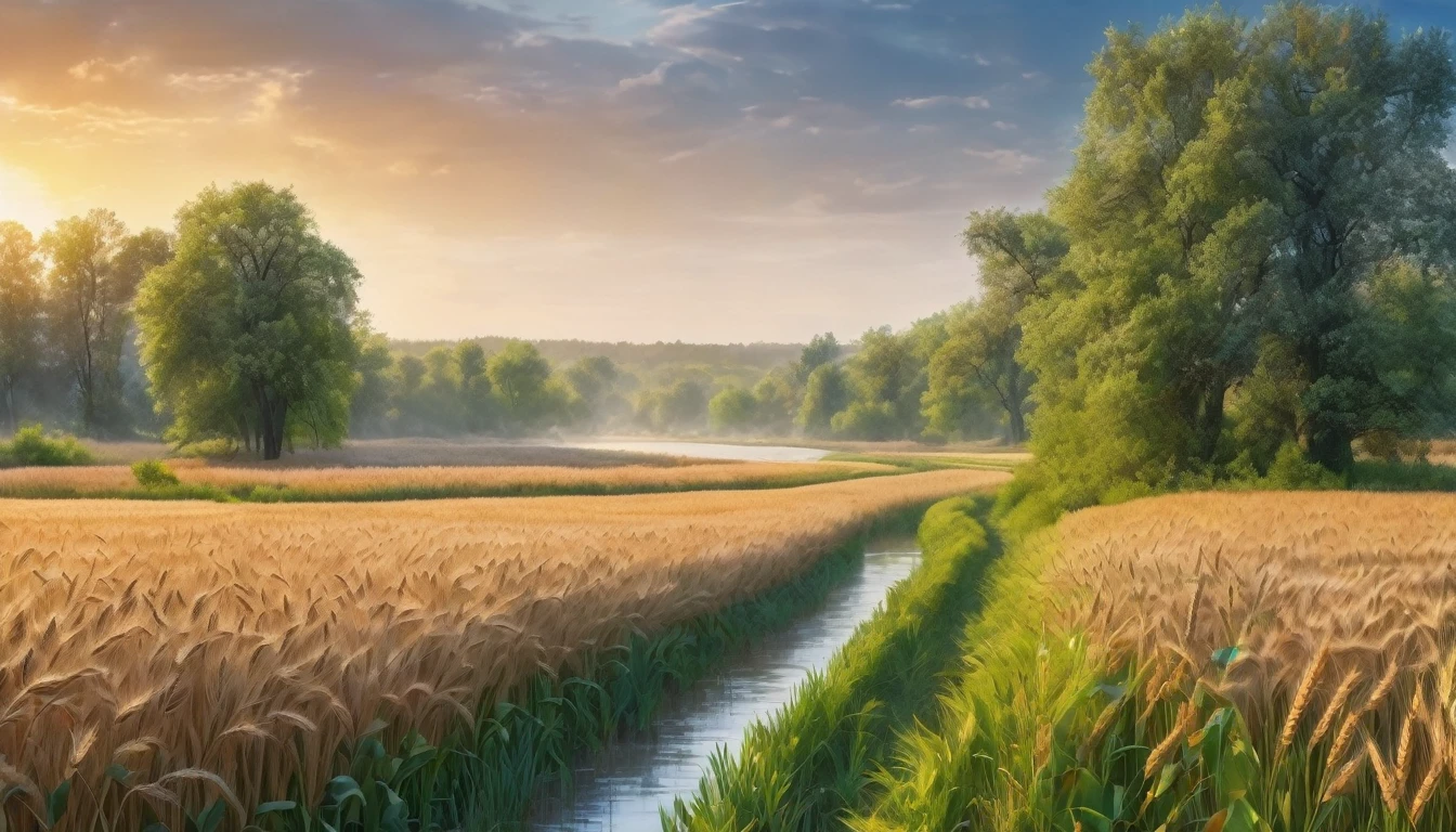 super realism, professional photo for a glossy magazine, beautiful wide panorama. beautiful large wheat field, spring, tall trees, river in the distance, trees blooming, hyperrealism, beautiful, fantasy, botanical, high detail, super realism, beautiful panorama, dawn, 80k