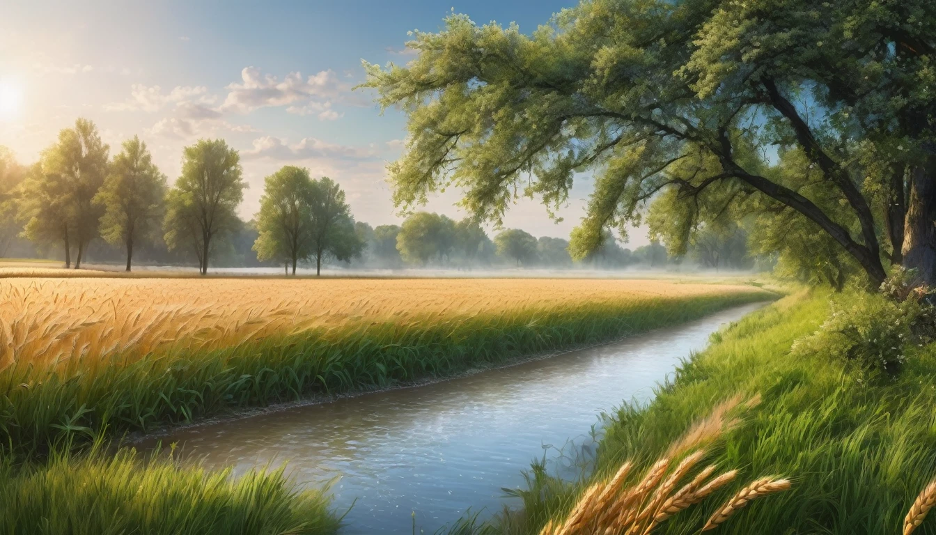 super realism, professional photo for a glossy magazine, beautiful wide panorama. beautiful large wheat field, spring, tall trees, river in the distance, trees blooming, hyperrealism, beautiful, fantasy, botanical, high detail, super realism, beautiful panorama, dawn, 80k
