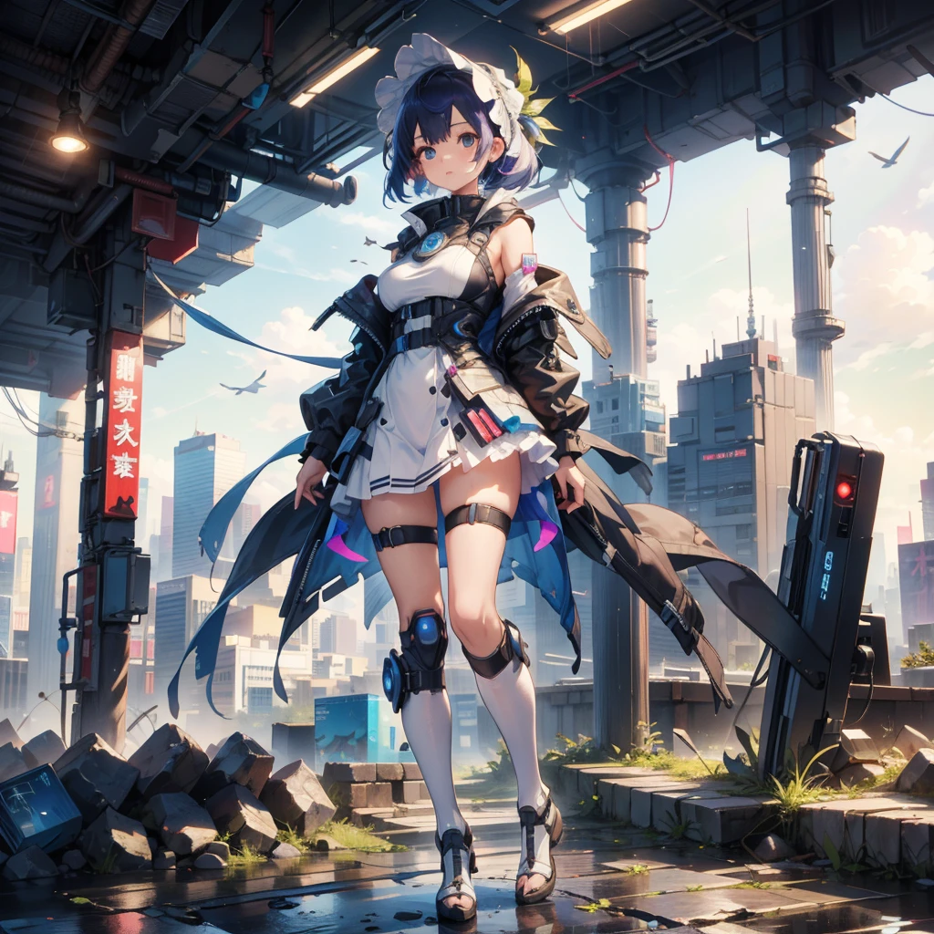 (masterpiece, Highest quality), (Detailed Hair), Very detailed, Anime Style, whole body, alone, Cyberpunk psychic girl, Big and cute bonnet, whole body covered in rags, Wanderer's Outfit, Gray Hair、Red eyes, Floating in the air, Small stature, Supernatural Aura, Prism Hypnosis Aura. Beautiful and terrifying, Digital Painting, 8K high resolution, Trend Art Station, White Background, whole body, ((Psychic energy ball in hand))
