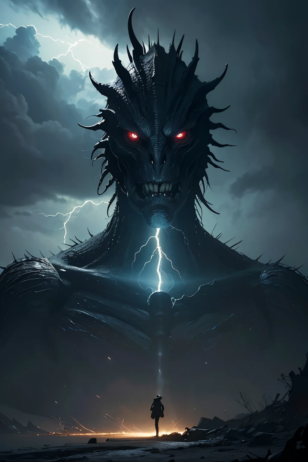 A very detailed painting, Dark world, Depicts a man have a weapon on a hill gazing at a giant alien monster lightning rain breath, author:Shinkai Makoto, By Art Jem, From Wlop, author:Greg Rutkowski, Volumetric Lighting, Octane Rendering, 4K resolution, Popular on artstation, masterpiece ,flame magic