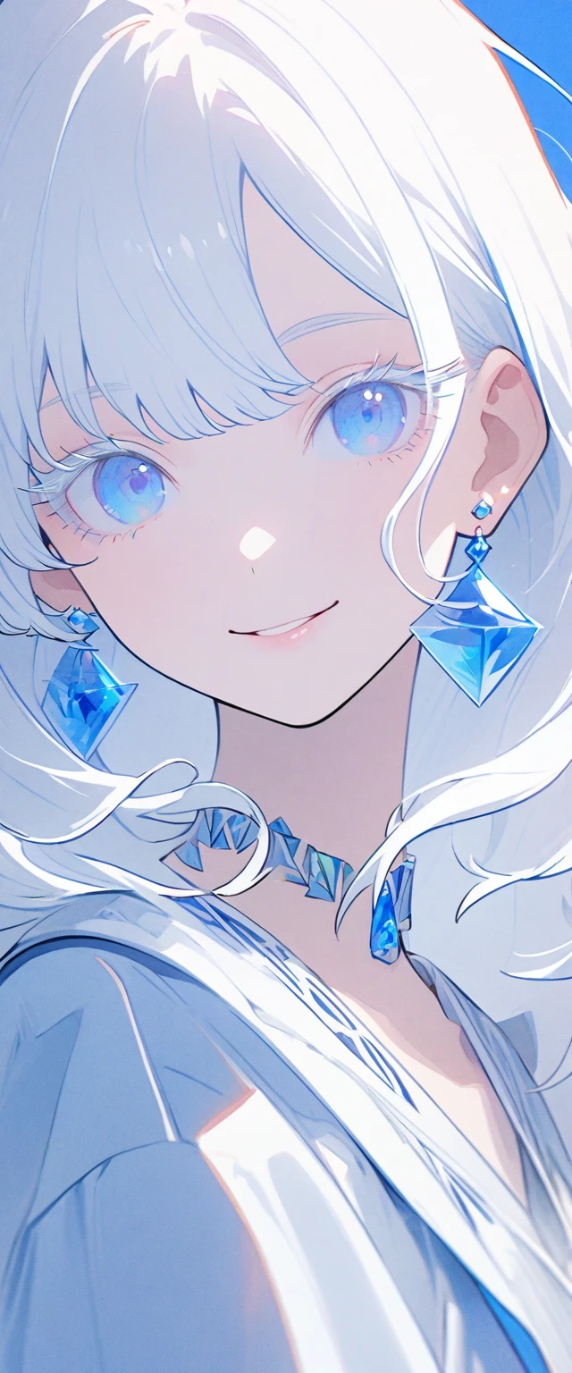 The Minimalists,Fashion Girl,White hair,Blue Background,Wear special earrings,Bohemian style,Clear eyelashes,Bright blue eyes,Clean通透的眼珠,close up,Camera-oriented portrait,Smile flat illustration,geometry,Clean,Japanese Manga