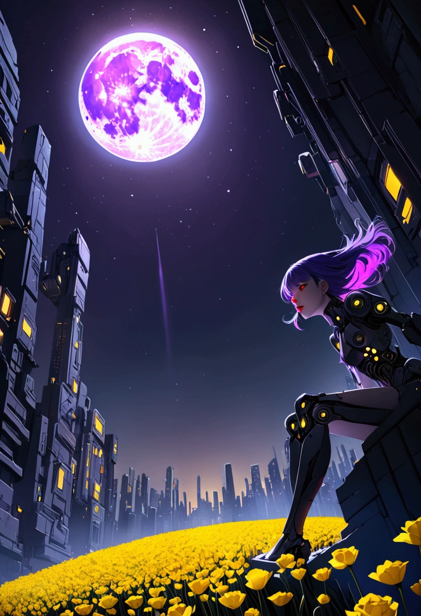 masterpiece, best quality, (非常详细的 CG 统一 8k 壁Paper) (best quality), (Best Illustration), (最佳shadow), beautiful girl, Looking at the audience, Small Breasts, Wearing a rugged jacket, Robotic Arm, (Glowing skin),Red lips, Open your mouth, Cyberpunk Architecture, Extremely exquisite and beautiful, (Floating purple hair), shadow, Relief, Stereogram, Atmospheric perspective, 8K, Super Detail,A moon, Yellow flowers , Paper_cut, , (Mysterious atmosphere), flash:0.8, Light rising from the bottom, A bunch of glowing white particles floating, Many small fires floating,