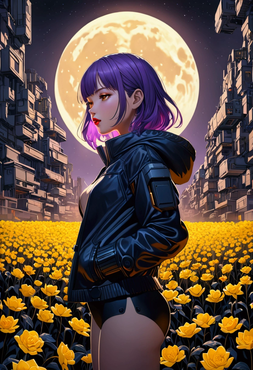masterpiece, best quality, (非常详细的 CG 统一 8k 壁Paper) (best quality), (Best Illustration), (最佳shadow), beautiful girl, Looking at the audience, Small Breasts, Wearing a rugged jacket, Robotic Arm, (Glowing skin),Red lips, Open your mouth, Cyberpunk Architecture, Extremely exquisite and beautiful, (Floating purple hair), shadow, Relief, Stereogram, Atmospheric perspective, 8K, Super Detail,A moon, Yellow flowers , Paper_cut, , (Mysterious atmosphere), flash:0.8, Light rising from the bottom, A bunch of glowing white particles floating, Many small fires floating,