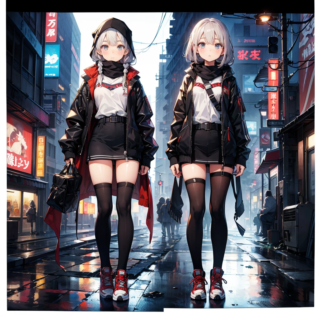 1girl,(masterpiece, Highest quality), (Detailed Hair), Very detailed, Anime Style, whole body, alone, Cyberpunk psychic girl, Big cute head scarf, whole body covered in rags, Wanderer's Outfit, Gray Hair、Red eyes, Floating in the air, Small stature, Supernatural Aura, Prism Hypnosis Aura. Beautiful and terrifying, Digital Painting, 8K high resolution, Trend Art Station, White Background, whole body, ((Psychic energy ball in hand))