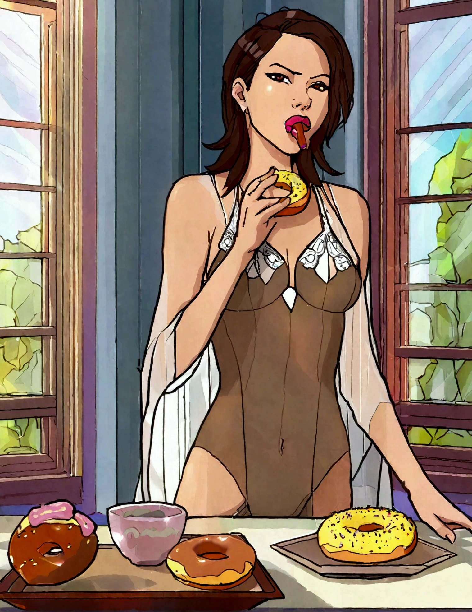 Lexa Doig (age 25), sheer negligee (no underwear), eating a donut crumbs fallen on her breasts, morning sun. dining room with many large windows