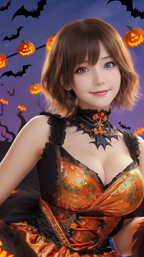 ((from below,upper body),a 20 years old girl, detailed cutie face, beautiful detailed eyes, detailed dropped eyes, beautiful charming smile, extremely detailed face,slender,short hair,anime style, halloween costume:2.0), Hires.fix,colorful lights, pumpkin decorations, haunted house, best quality, 4k, highres, masterpiece, realistic, photorealistic, photo-realistic, vivid colors, intricate details, fantasy, soft lighting, magical