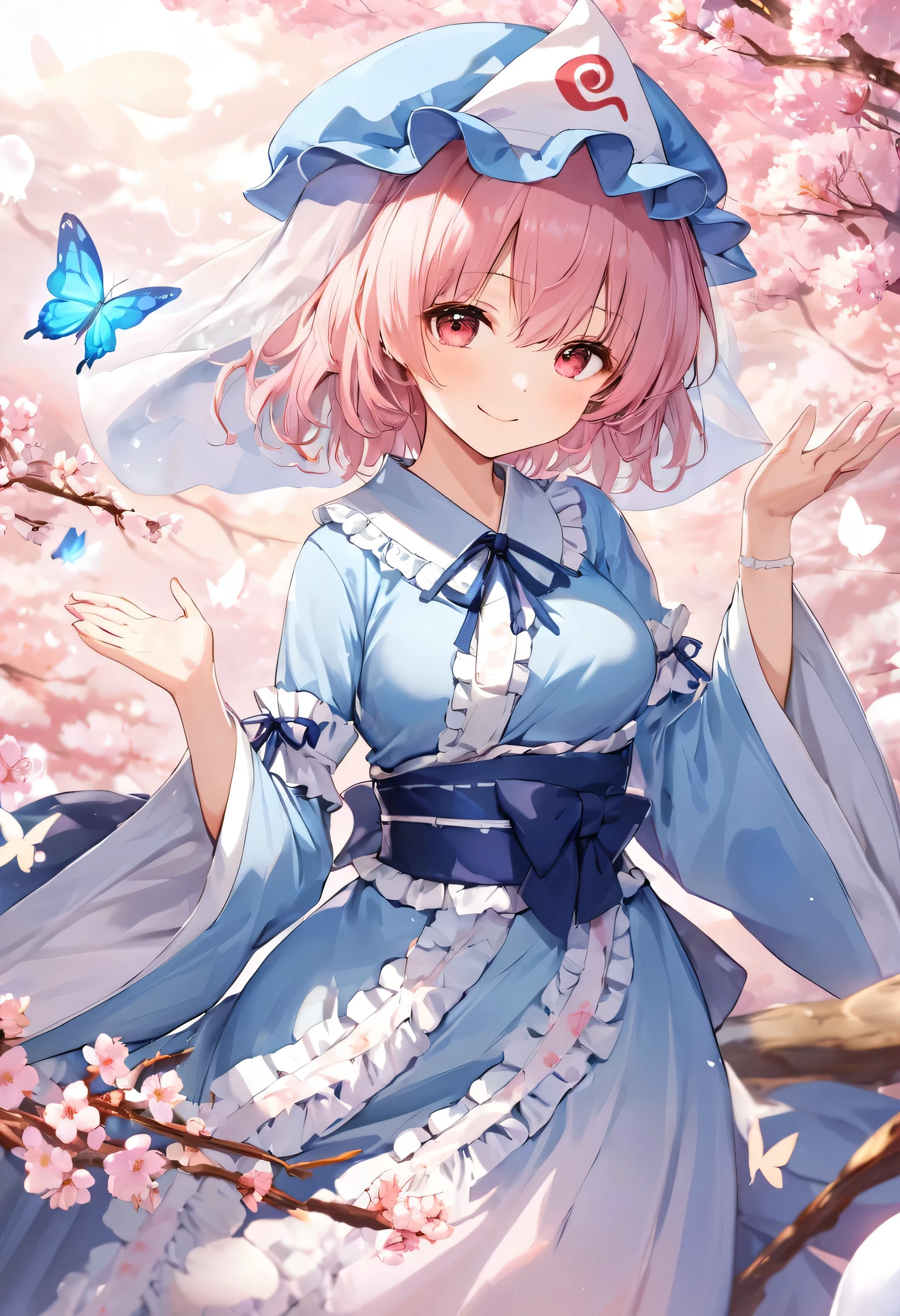 masterpiece, Highest quality,Floating in the sky,Wide area 1 girl, saigyouji yuyuko,hat, Pink Hair, Have, alone, 手fan, Triangular headpiece, butterfly, cherry blossoms, kimono, bug, Mob Cap, kimono, short hair, Long sleeve, Pink Eyes, fan, Wide sleeves, blue kimono, smile, Holding fan, hitodama, Holding, Frills, sash, flowerびら, Ghost, branch, Blue hat, ribbon, chest, heart, blue bow, bow, Mouth closed, dress, Hair between the eyes, Raise your hand, blue ribbon, blue dress, Wavy Hair, Blurred, medium chest, frilled kimono, View your viewers, sleeve garter, Veil, Medium Hair, flower, wood, neck ribbon, Red eyes, Frills袖, flower柄プリント, Are standing, light smile,